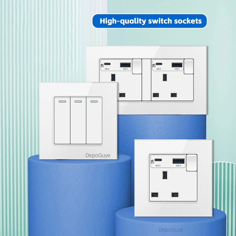 UK Standard 18W Type-C Fast Charging Universal Dual 3pin Power Outlet,White Tempered glass Wall light Switch Panel  For Home