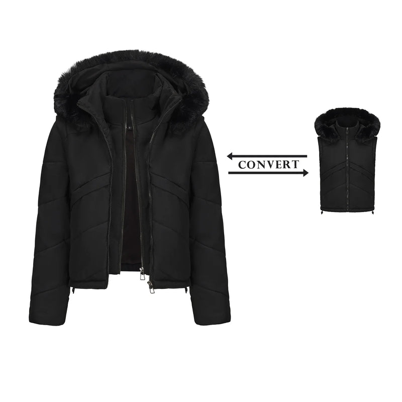 Winter New Women's Faux Two-piece Hooded Thick Coat, Brown Jacket with Detachable Sleeves, Street Style Black Cropped Parkas.