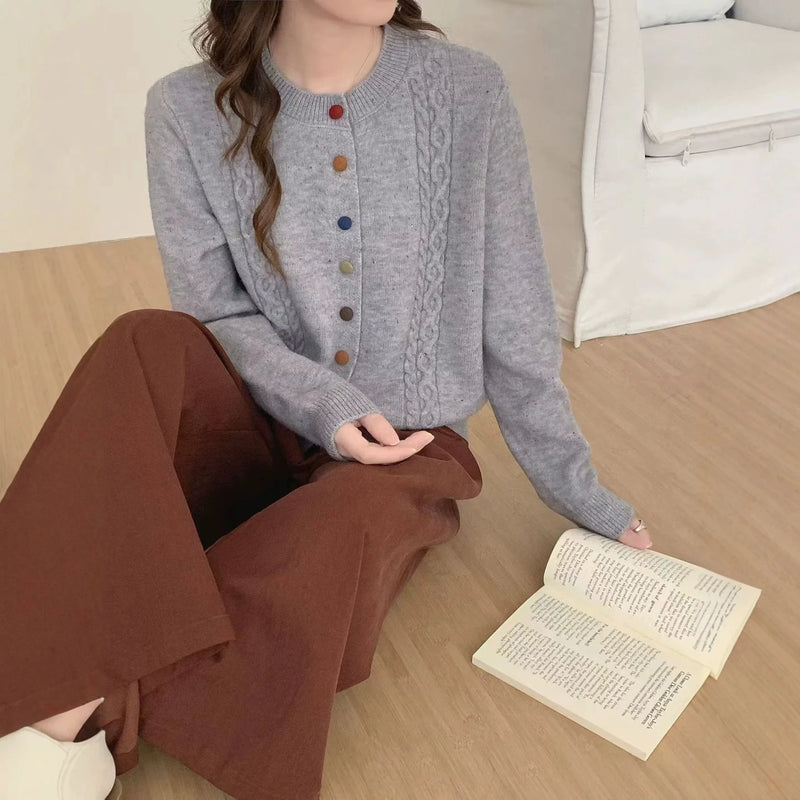 European Button Knitted Cardigan Women's Loose Lazy Style Single-breasted Long-sleeved Sweater Jacket Slim Top Female Knitwear