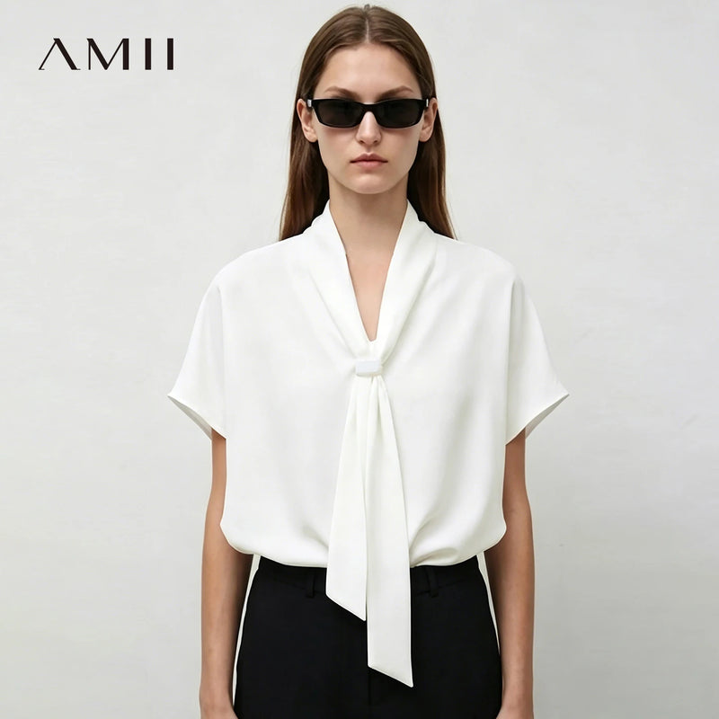 Amii Women's Elegant Blouses 2026 Summer New Patchwork Dolman Sleeve Chiffon Top Tie Neck Loose Casual Women's Clothing 12612016