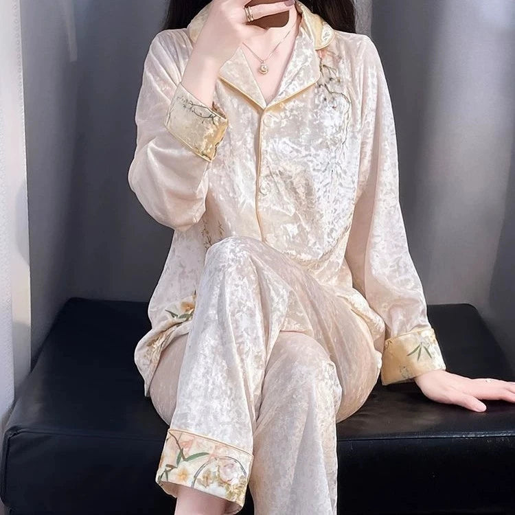 Knitted Gold Velvet Long Sleeved Long Pants Suit Soft And Comfortable Pajama Set 2026 Autumn Winter Women's Home Wear Sleepwear