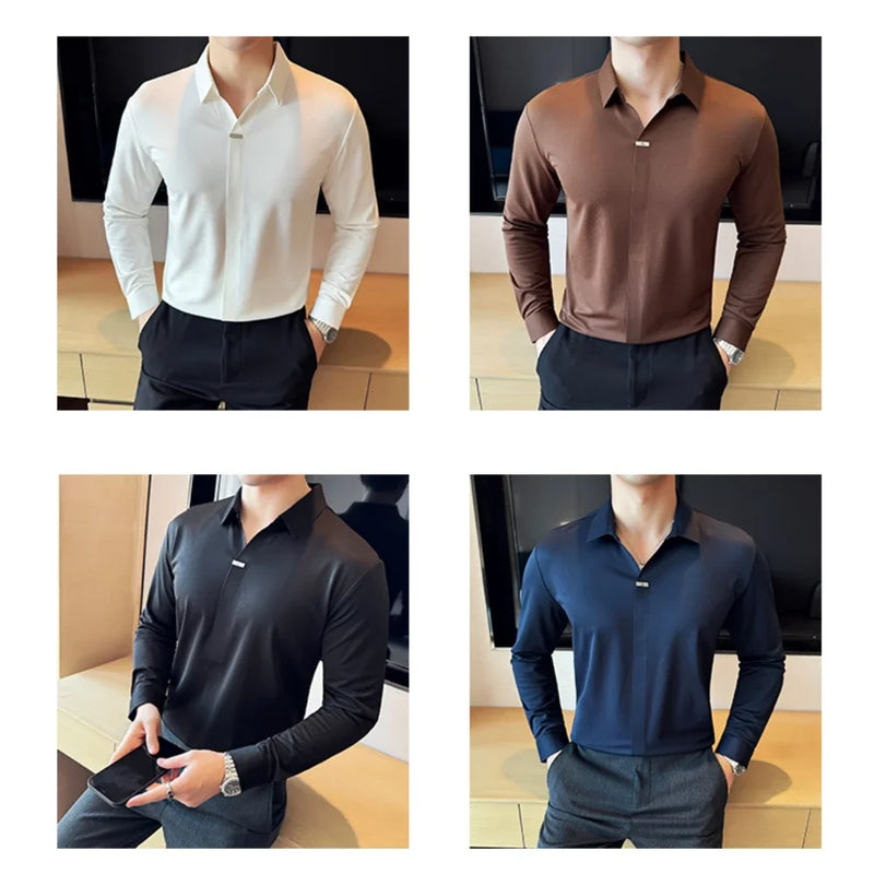 Men's Special V-neck Long-Sleeved Polo Shirt, High-Grade Elasticity Traceless Lapel T-shirt, Brown Blouse Collar Slim-Fit Top