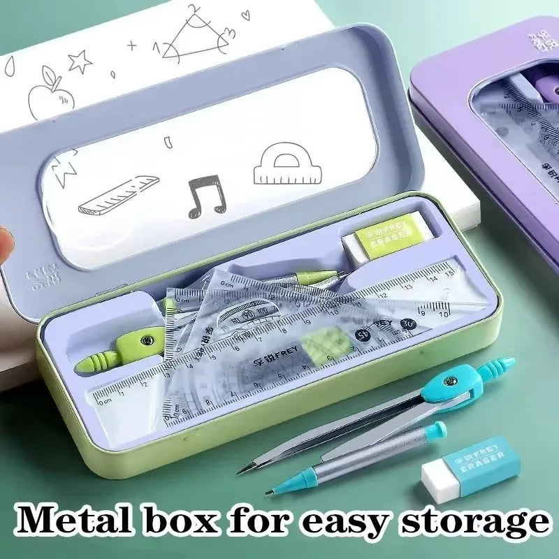 7 PCS Compass and Ruler Sets Triangle Ruler Protractor Rubber Student Exam Specific Ruler Box Set Ruler Set School Starts