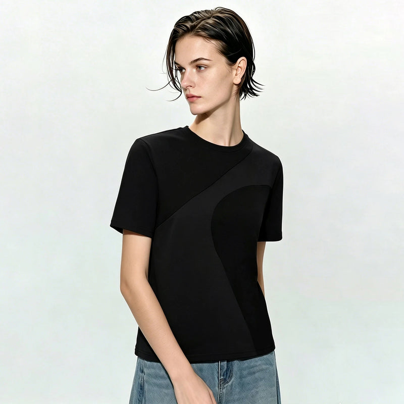 Amii Women's T-Shirt 2026 Summer New Round Neck Patchwork Satin Trim Short Sleeve T Shirt Woman Loose Office Casual Top 12622192