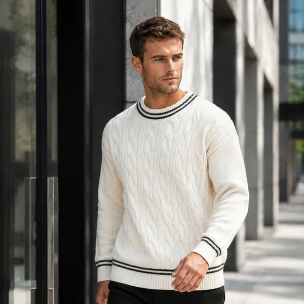 Vintage Chunky Cable Knit Sweater – Contrast Black & Ivory Color Block, Ribbed Cuffs & Hem, Oversized Relaxed Fit