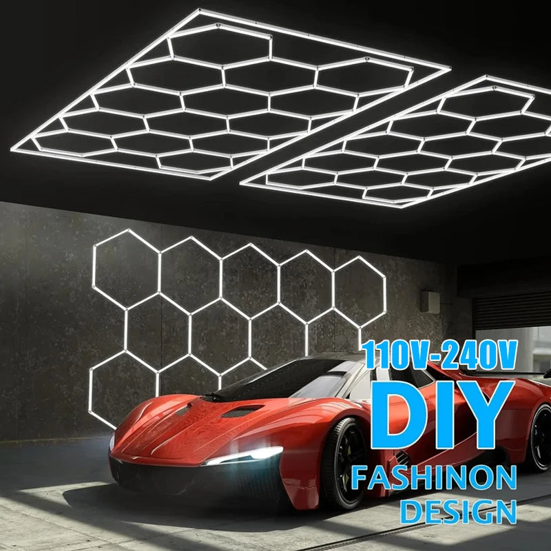 LED Garage Lights Hexagon Lamp 110-240V LED Tube Honeycomb Barbershop Ceiling Lighting for Workshop Car Show Auto Repair Gym