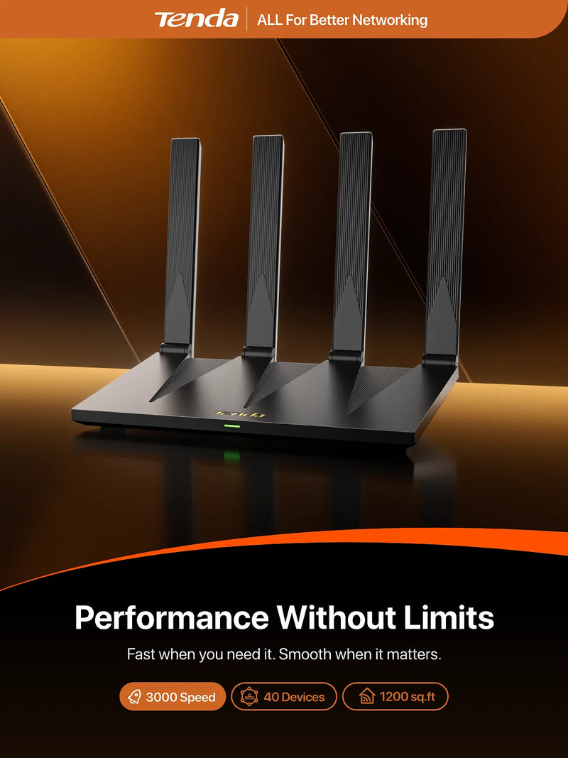 រ៉ោតទ័រ Tenda AX12 Pro AX3000 WiFi 6 160MHz Dual Band Gigabit Mesh VPN NFC Signal Booster អង់តែន High Gain គ្របដណ្តប់បានល្អជាង