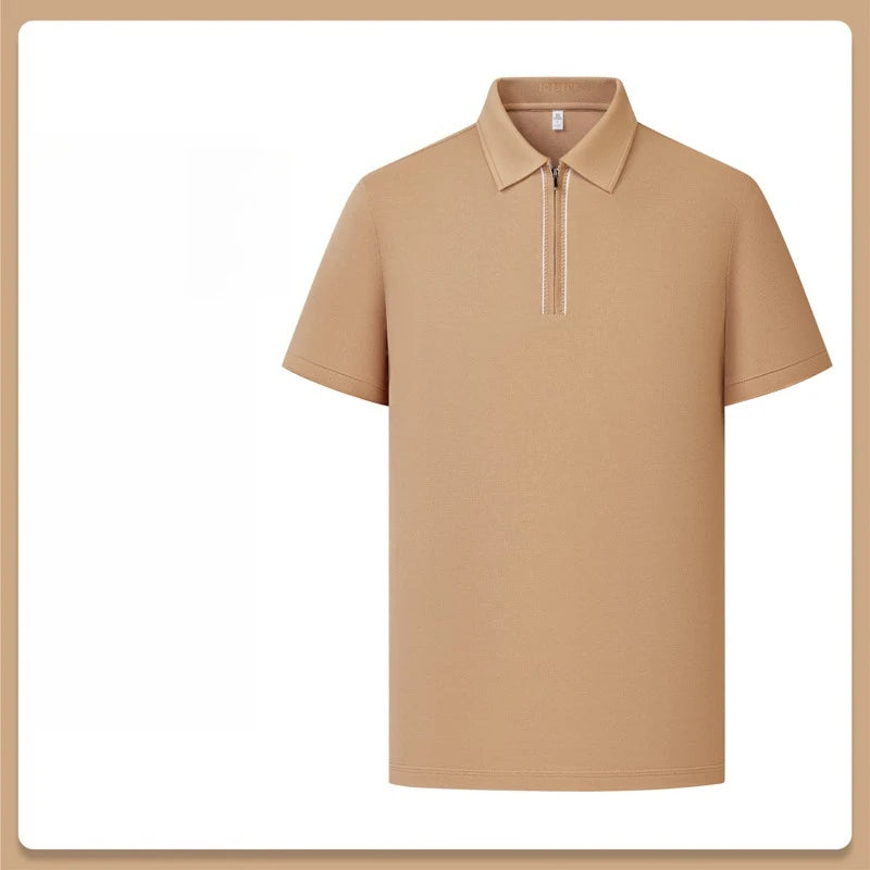 Men's Zipper Polo Shirt – Soft Lyocell Linen Silk Blend, Breathable & Stretchy, Business Casual Short Sleeve for Summer Travel