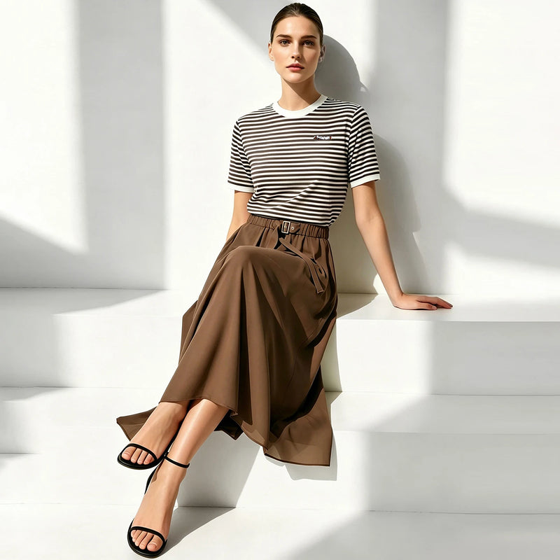 Amii Short Sleeve Knit Top 2026 Summer New O-Neck Women's Color Block Stripe Sweater Loose Casual Pullover For Woman 12642075
