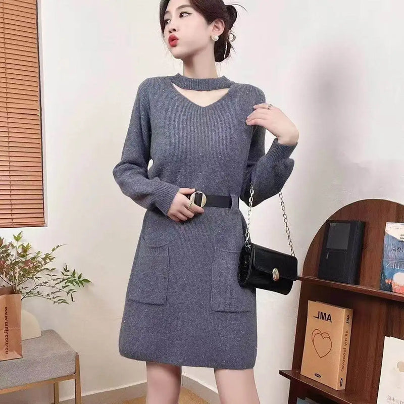 Red Knitted Primer Dress for Women's Autumn Winter French Retro Slim Inner Medium Long Sweater Thicken Warm Pullover Dresses
