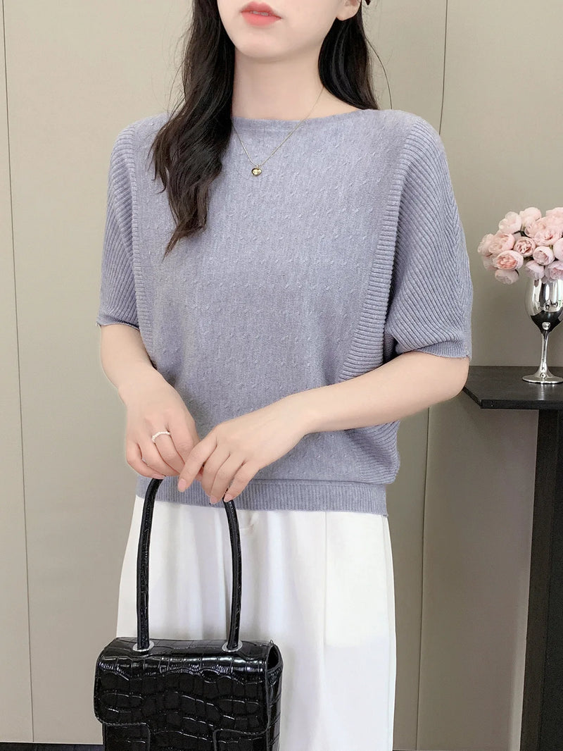 Bat-sleeved Knitted Sweater Women's One-word Collar Top Thin Spring Summer Pullover Shirt Ladies Jumper Pull Femme Knitwear