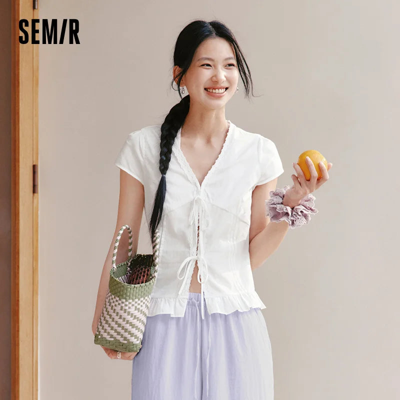 Semir Women Shirt Short Length V Neck Bow Cotton Slim Fit Sweet Cute Casual Top 2026 Summer Fashion Daily Wear