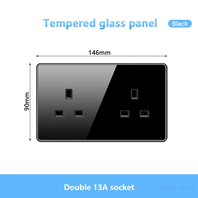 UK 13A Wall Tempered glass Socket Plug,British Standard Double 13A Wall Electrical Power Outlet Panel Black/White/Gray/Glod
