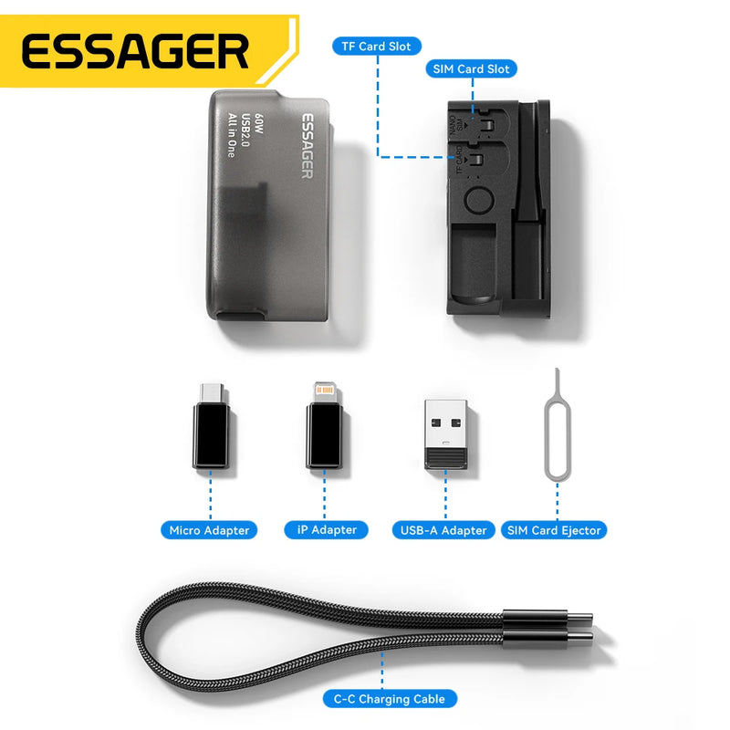 ខ្សែសាកទិន្នន័យ Essager PD 60W ពហុមុខងារ USB ប្រភេទ C សាកលឿនសម្រាប់ iPhone 17 16 15 ប្រអប់ផ្ទុកជាមួយប្រអប់ដាក់ឥវ៉ាន់ធ្វើដំណើរ