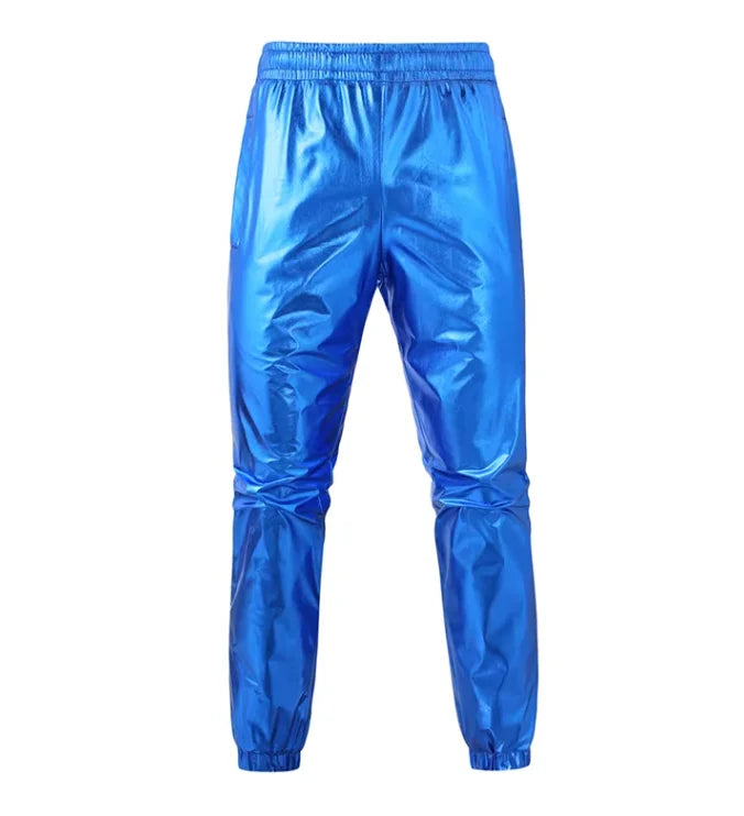 Gold Mens Pants, Elastic Waist Casual Trousers, Silver Fashion Loose Straight Leg Pant, Great for Dance Performances