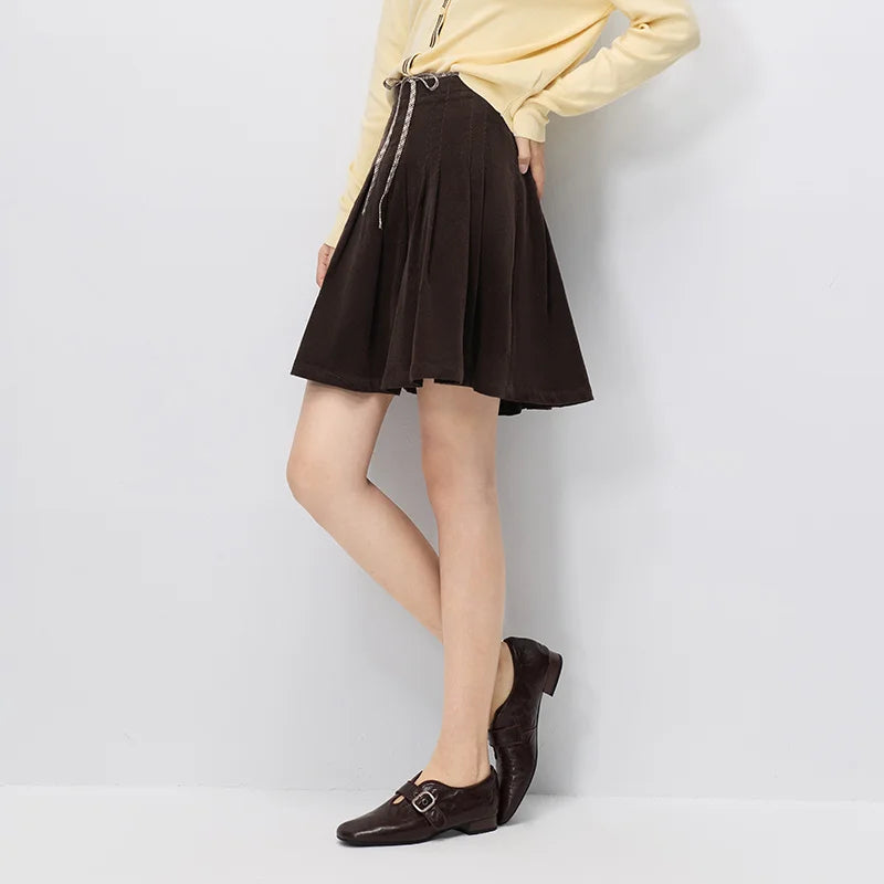 Semir Women Mini Skirt Corduroy Cotton Patchwork High Waist Pleated Retro Casual Autumn Bottoms Daily Wear 2026