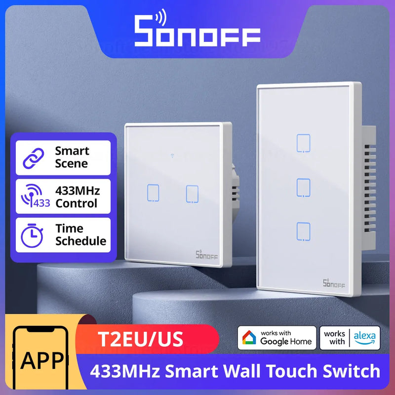 SONOFF T2 EU/US Wall Smart Switch 433Mhz RF Remote Control Wi-Fi Touch Smart Scene via eWeLink APP Works With Alexa Google Home