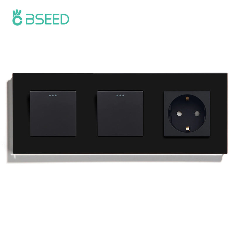BSEED EU Standard Wall Button Switches Double 1Gang 1Way Wall Power Sockets USB Charger Glass Panel Type-C Socket Outlets