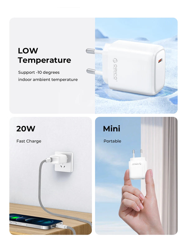 ORICO-Portable USB C Charger Type C Support PD Fast Charging For IPhone 15 14 13 12 11 Pro Max 8 Plus 20W