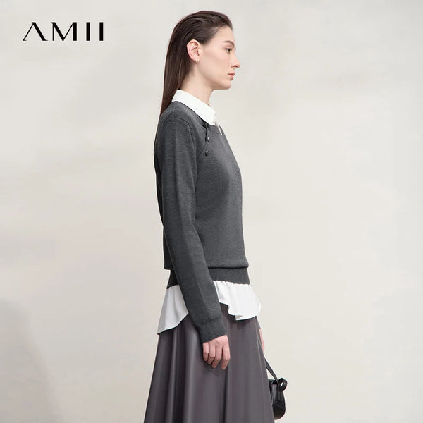 AMII Ladies Sweater 2026 Autumn New Solid Color Pullover Tops For Woman Long-sleeved O-neck Loose Casual Female Clothing12523096