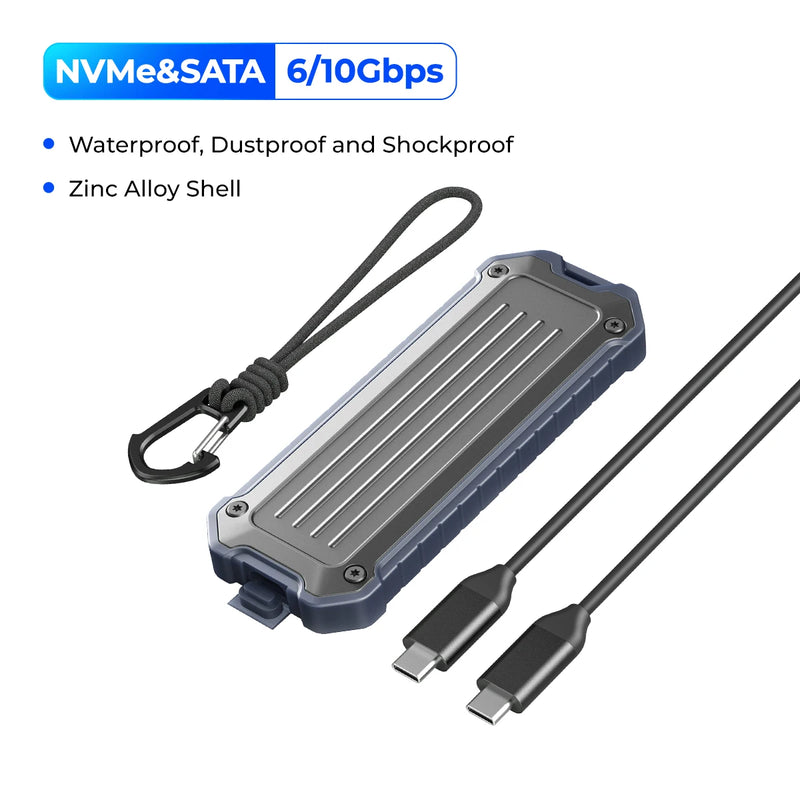 ORICO Portable M.2 NVMe SATA SSD Case Zinc Alloy Waterproof Shockproof Enclosure 10Gbps with Lanyard Heatsink for Outdoor Travel