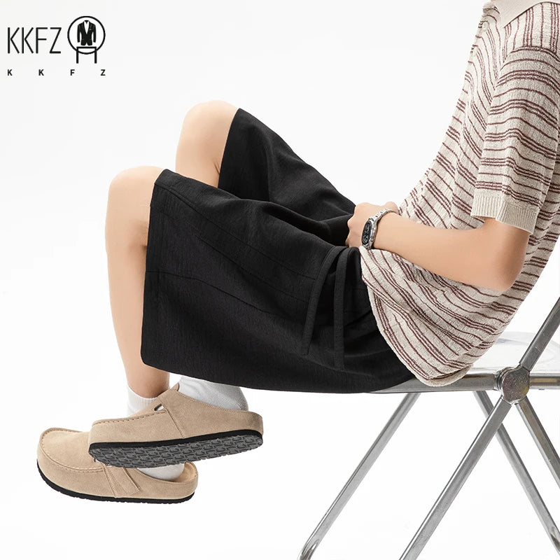 Light Textured Casual Shorts Men Knee Length Elastic Waist Drawstring Outdoor Leisure Essential Daily Wear Bottoms