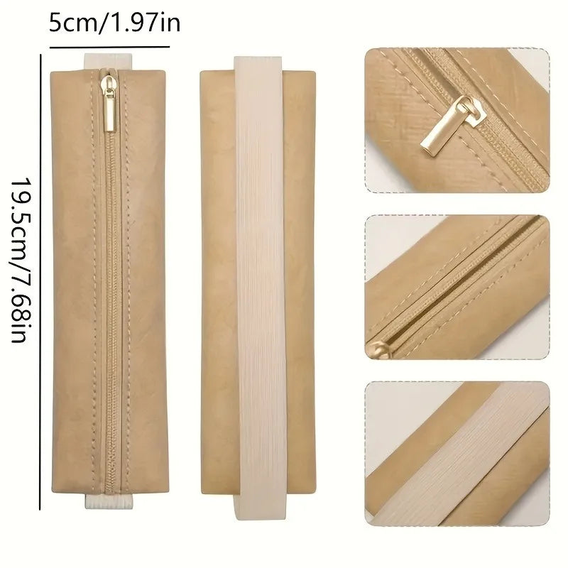 1pc Minimalist Style PU  Leather Pencil Case, Zippered Pencil Pouch — Ideal for Office, School, and Travel,Compact and Stylish