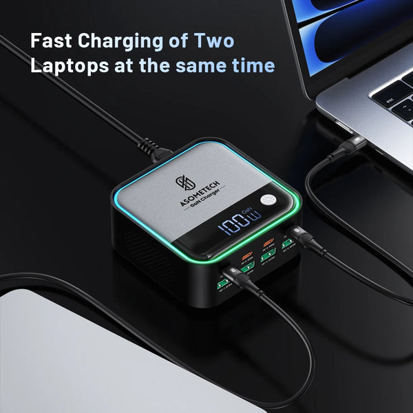 ស្ថានីយសាកថ្មលឿន GaN USB C ចំនួន 8 រន្ធ អេក្រង់ LED 4 រន្ធ ប្រភេទ C PD 100W SCP 22.5W សម្រាប់ iPhone 15 Samsung ថេប្លេត Macbook