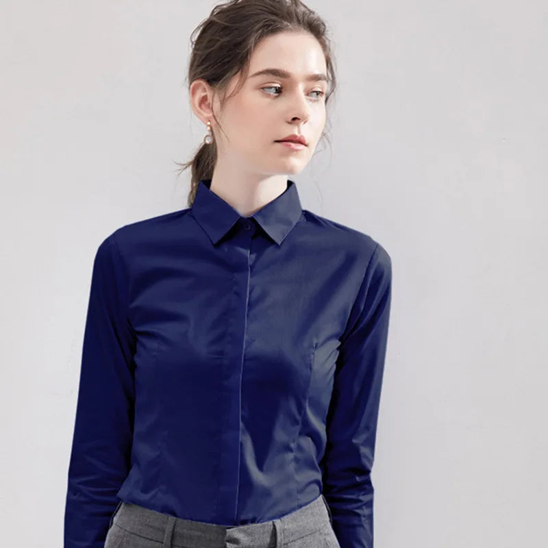 Women's White Collared Long-Sleeved Shirt, Solid Color Business/Office Non-Iron Wrinkle-Resistant Shirts. Black, Gray, Blue Tops