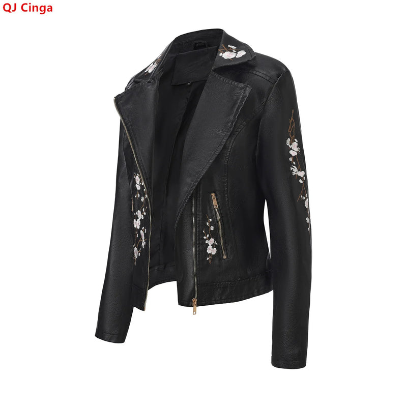 New Fall Women's Black Faux Leather Jacket; White Floral Embroidered PU Coat; Dark Brown Motorcycle-style Top.