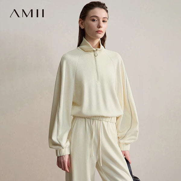 AMII Woman Sweatshirts 2026 Autumn New Casual Versatile Turtleneck Top Female Pullover Long Sleeve Loose Sweatshirt 12553065
