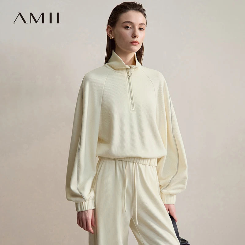 AMII Woman Sweatshirts 2026 Autumn New Casual Versatile Turtleneck Top Female Pullover Long Sleeve Loose Sweatshirt 12553065