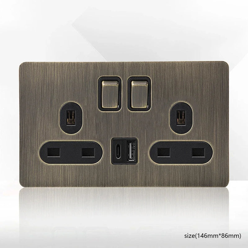 Retro Eu Metal Panel Wall Toggle Light Switch Socket,Bronzed Antique Stainless Steel German 16A Socket with USB Phone Charging