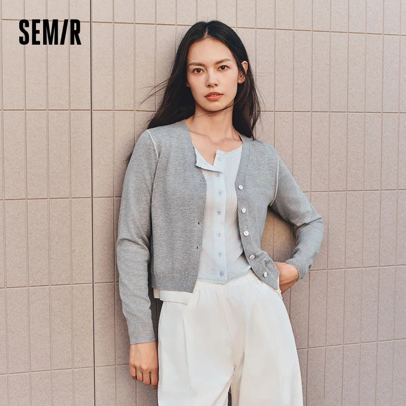 Semir Women Cardigan Cropped V Neck Colorblock Mock Layer Shoulder Fit 2026 Autumn Minimal Knitted Everyday Sweater Top