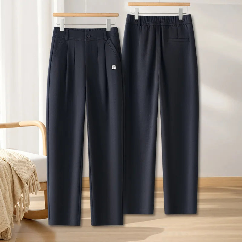 Off-white Women's Casual Pants, New Fall High-waisted Pleated Harem Pants, Asian Sizes Navy Blue Stretch Trousers, S-XXXL.