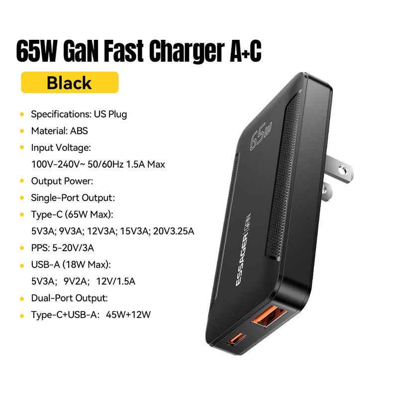 ឆ្នាំងសាក Essager Ultra Thin 65W GaN Pro Travel Charger Quick Charge 4.0 PD3.0 សាកថ្មចល័តប្រភេទ C សម្រាប់ iPhone Samsung Macbook Laptop