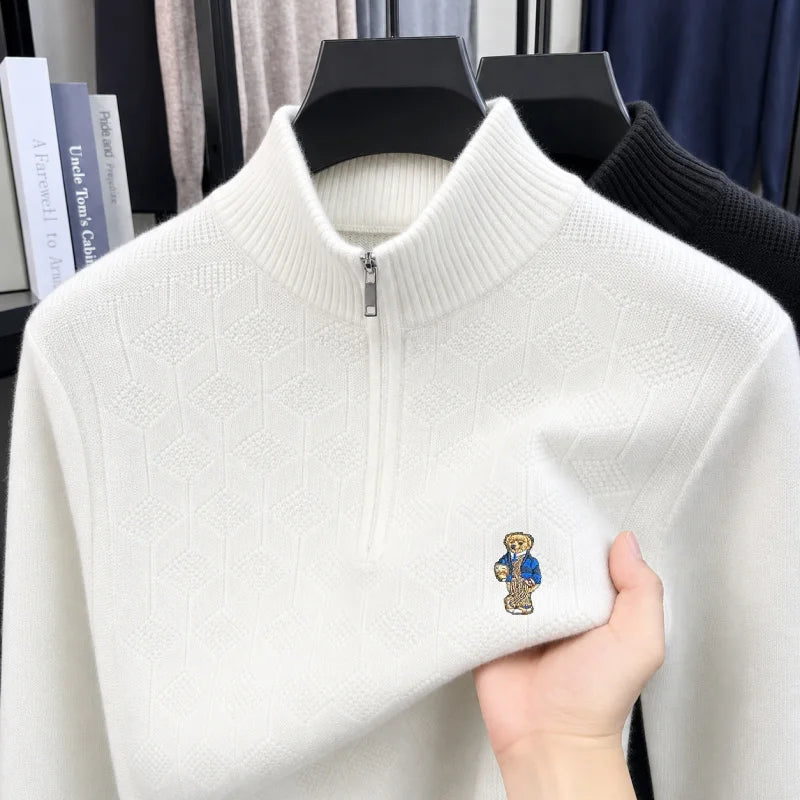 Best Seller Man Long-Sleeved Knitwear Mock Neck Zipper Bear Pattern Embroidery Autumn Winter New Pullover Leisure Snug Men'sWear
