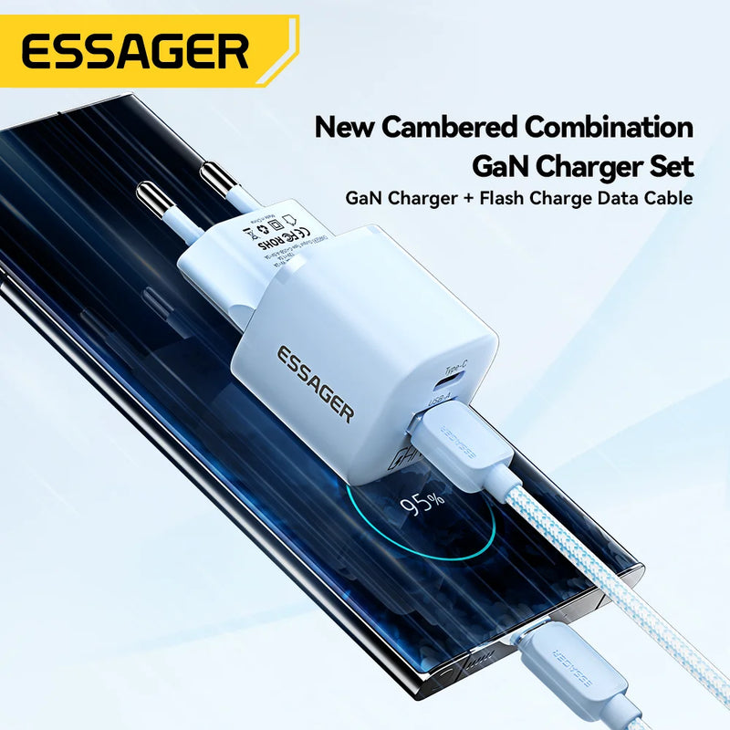 ឆ្នាំងសាក Essager 20W GaN USB Type C PD សាកថ្មលឿនសម្រាប់ iPhone 15 14 13 12 Pro Max PD3.0 QC3.0 Type C ឆ្នាំងសាកទូរស័ព្ទចល័តខ្នាតតូច