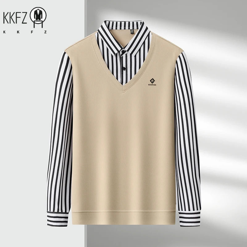 Mens Business Fake Two Piece Sweater Shirt Long Sleeve Striped Collar V Neck Pullover For Work