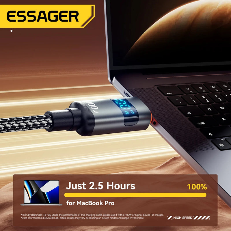 ខ្សែសាក Essager 100W ប្រភេទ C ទៅប្រភេទ C 5A PD សាកលឿន USB C ទៅ USB C សម្រាប់អេក្រង់ Macbook Laptop iPad Xiaomi iPhone 16 15