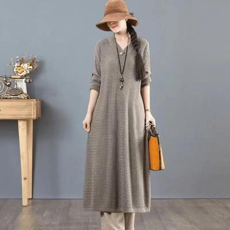 Vintage V Neck Long-Sleeve Pullover Dress New Knitting Woolen Sweater Women Long Jumper Middle Aged Mother Knitwear Clothes