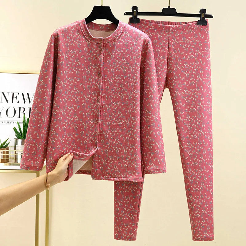 Pijamas Women Floral Print Winter Sleeping Pajamas Thicken Warm Sleepwear Set De Velvet Home Clothes Casual Big Size Pyjamas