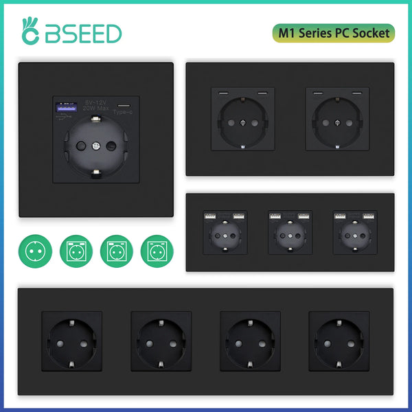 BSEED EU Standard Wall Socket Single Power Outlets USB Type-C Port 20W Fast Charge Plastic Panel Triple Electric Plugs 16A