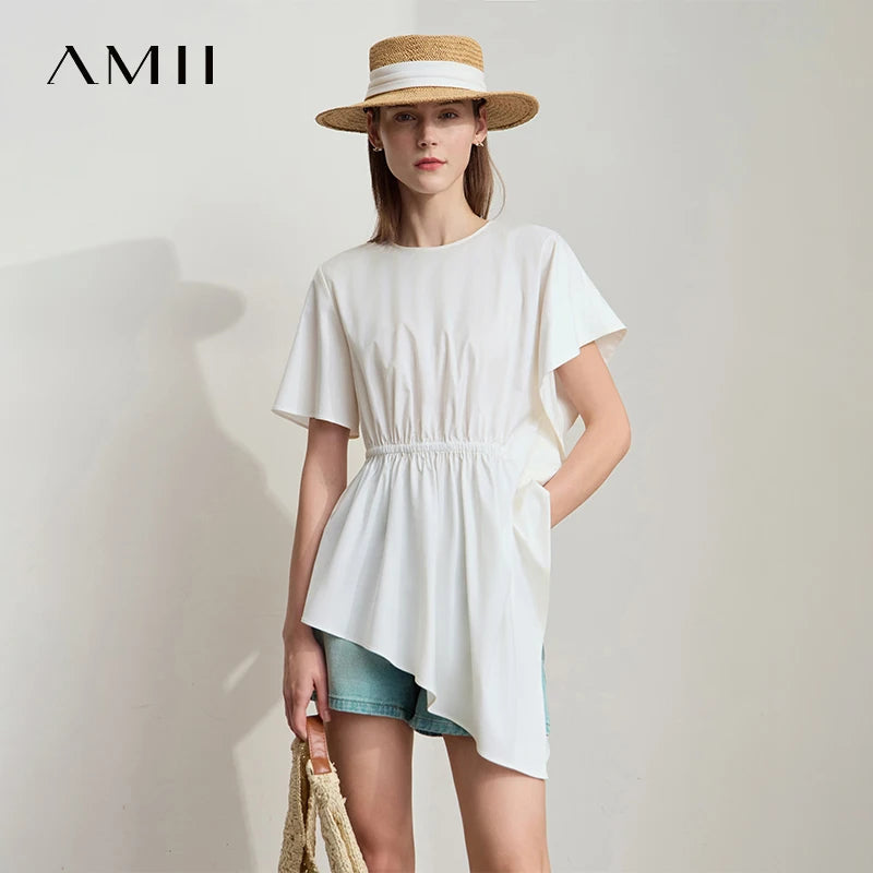 AMII Minimalist Summer T-shirts Women 2026 New Round Neck Short Sleeve Solid Loose Shirt Female Fashion Irregular Tops 12542097