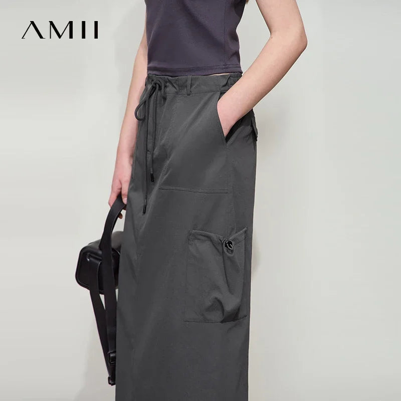 Amii Minimalist Women Clothing Skirt 2026 Autumn New Casual Loose Multi-pocket Drawstring Elastic Waist Long Skirt 12522020