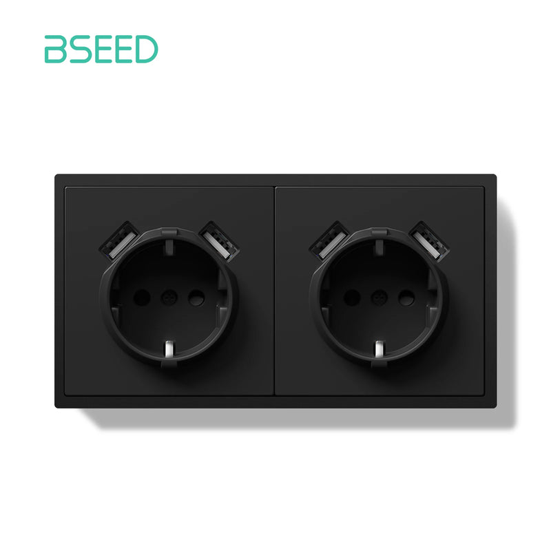 BSEED EU Standard Single Wall Socket Double USB Charge Port Wall Power Outlets Electric Plugs White Black Plastic Frame 16A