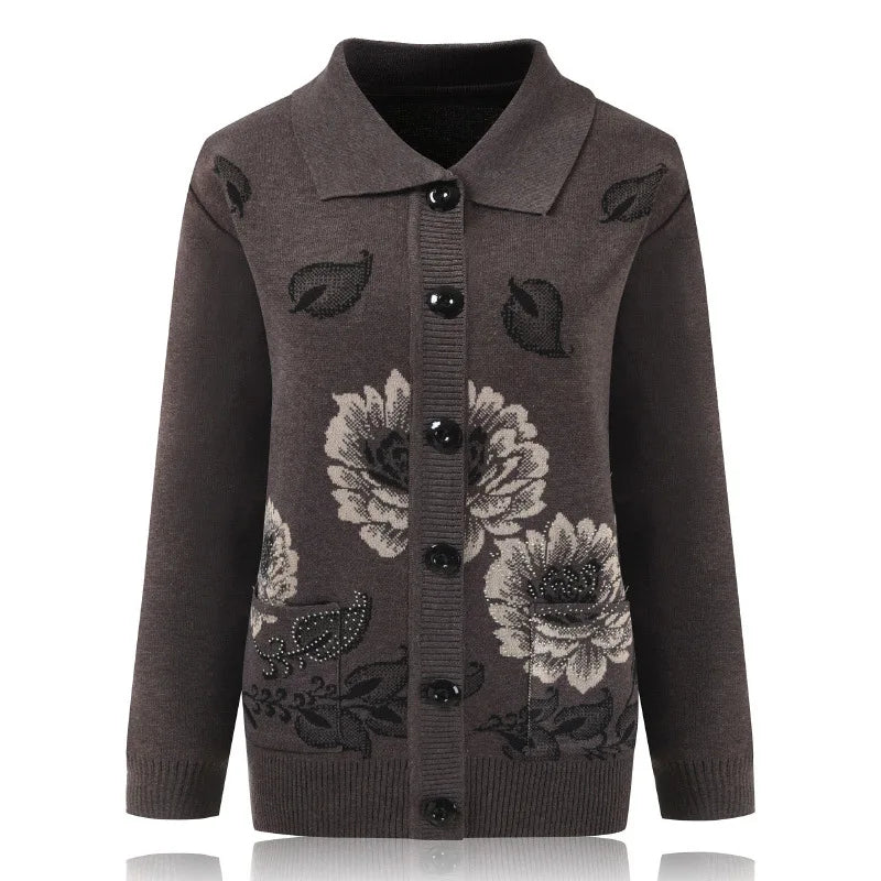50-80 Years Old Spring Autumn Lapel Middle-Aged Elderly Mother Sweater Loose Embroidered Knitted Cardigan Top Women Jacket
