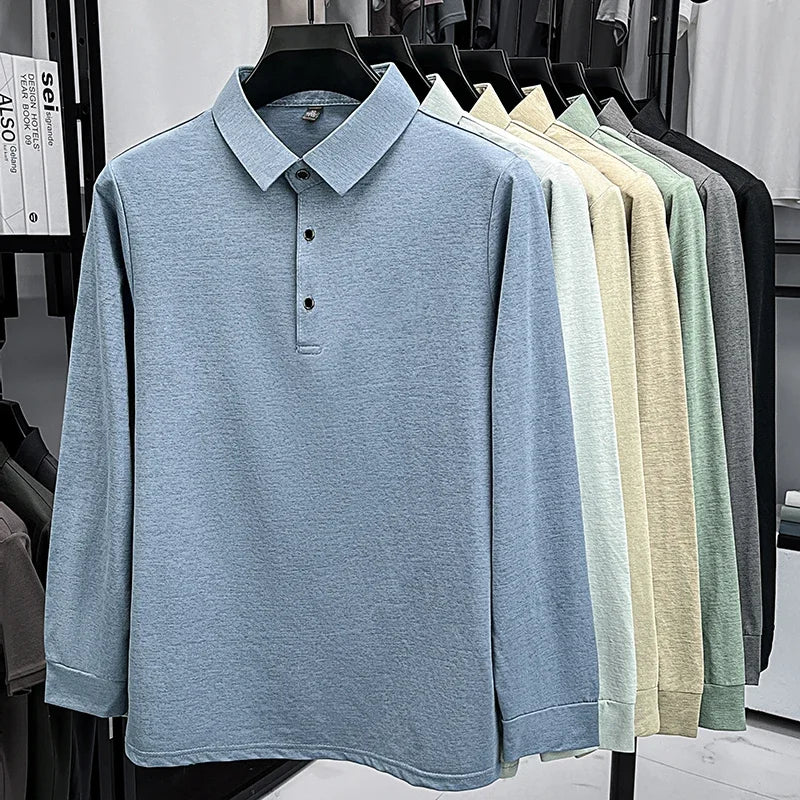 Mens Lapel Collar Long Sleeve Polo Top Heathered Texture Wrinkle Resistant Fabric Casual Office Matching Garment
