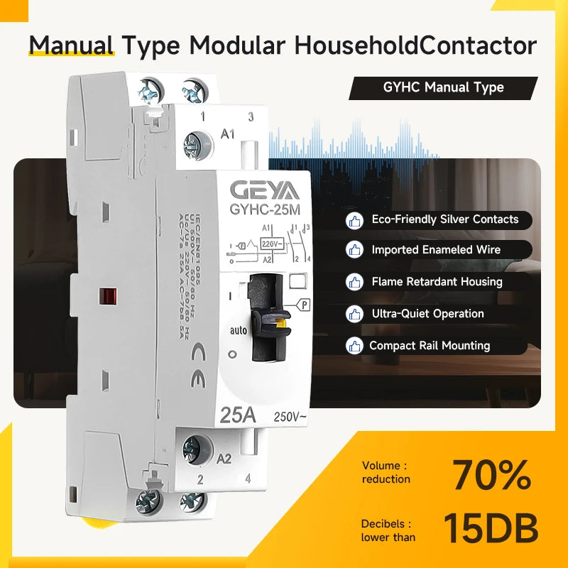 កុងតាក់ AC បញ្ជាដោយដៃ GEYA 2P 4P 25A 63A 220V/230V 50/60Hz Din Rail សម្រាប់ប្រើប្រាស់ក្នុងផ្ទះ កុងតាក់ AC ម៉ូឌុល 2NO 2NC 4NO