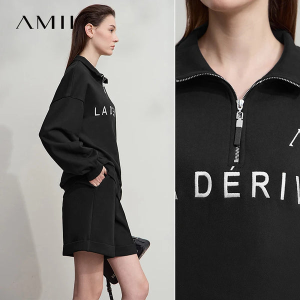 AMII Sweatshirts for Woman 2026 Autumn New Long Sleeve Tops Casual Knit Cotton Turtleneck Embroidered Woman Sweatshirts 12523031